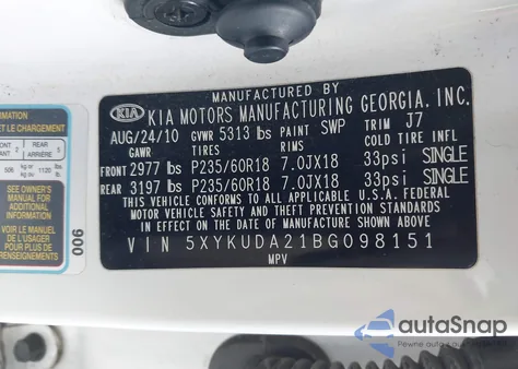 2011 Kia Sorento Ex V6 from USA, damaged, VIN 5XYKUDA21BG098151